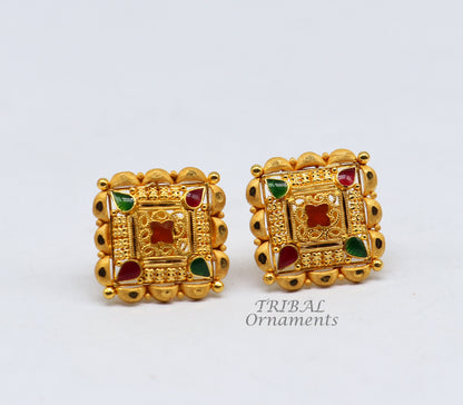 Hand-carved Indian traditional flower design 22K yellow gold stud earrings for women by TRIBAL ORNAMENTS.