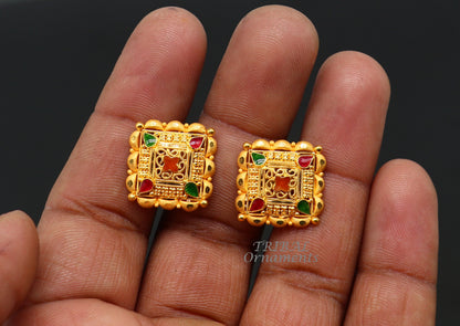 Indian traditional handmade flower design 22K yellow gold stud earrings for women, featuring intricate hand-carved craftsmanship.