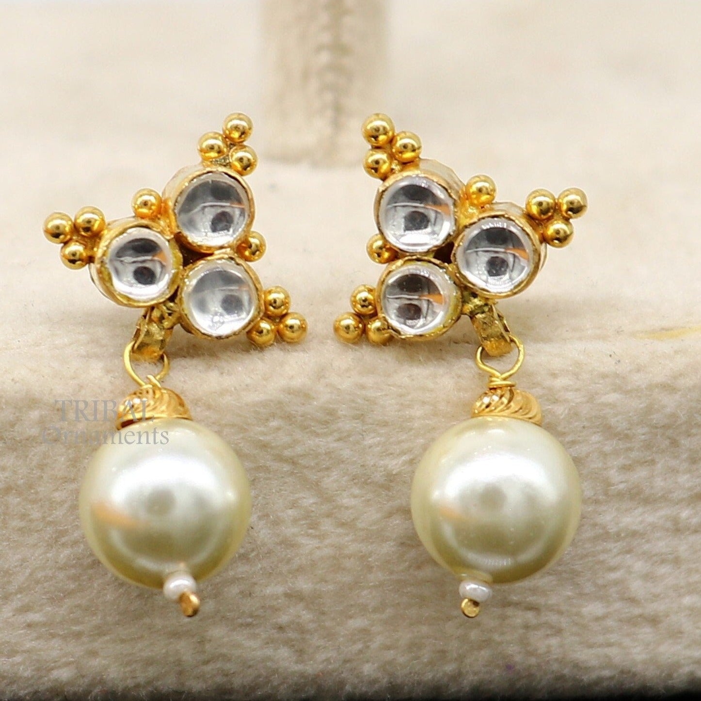Indian traditional design handmade kundan work fabulous design 22 k 22 carat yellow gold stud earring with hanging pearl girls jewelry er168 - TRIBAL ORNAMENTS