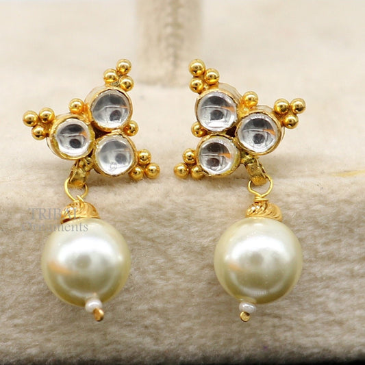 Indian traditional design handmade kundan work fabulous design 22 k 22 carat yellow gold stud earring with hanging pearl girls jewelry er168 - TRIBAL ORNAMENTS
