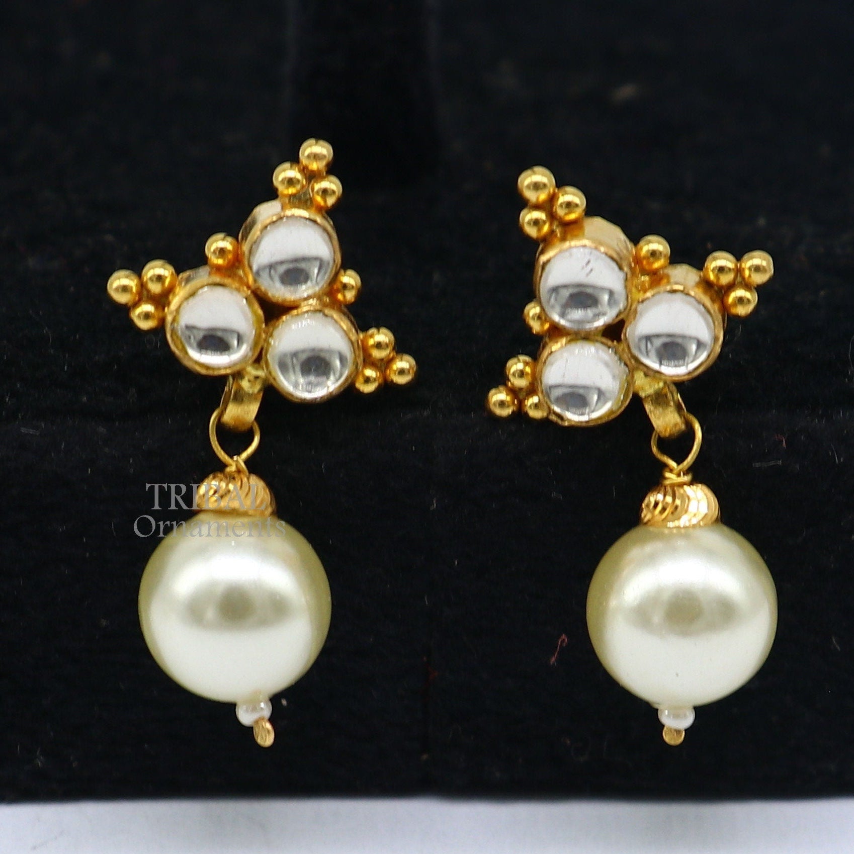 Indian traditional design handmade kundan work fabulous design 22 k 22 carat yellow gold stud earring with hanging pearl girls jewelry er168 - TRIBAL ORNAMENTS
