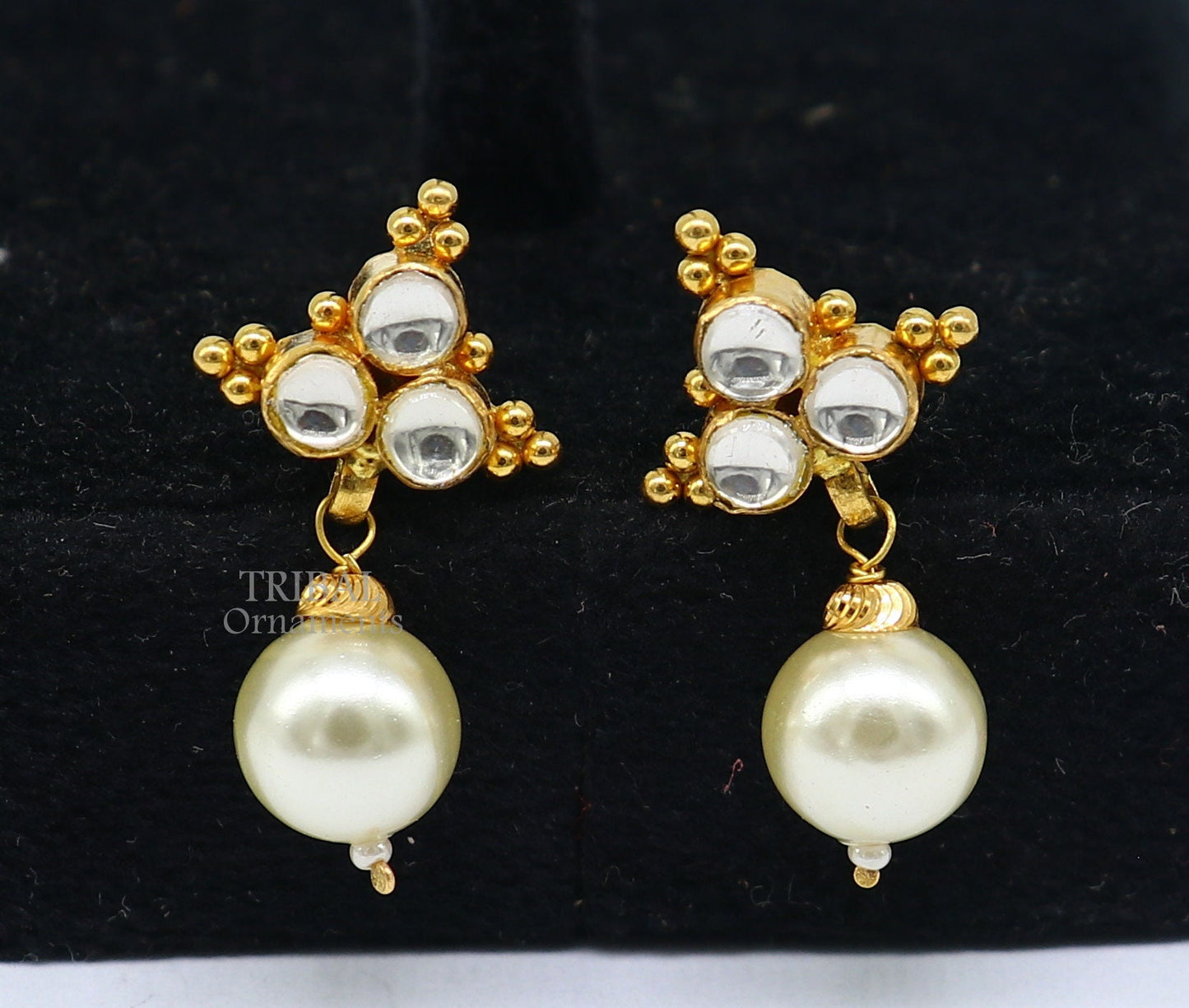 Indian traditional design handmade kundan work fabulous design 22 k 22 carat yellow gold stud earring with hanging pearl girls jewelry er168 - TRIBAL ORNAMENTS
