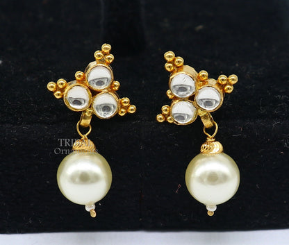 Indian traditional handmade Kundan work 22K yellow gold stud earrings with hanging pearl, featuring intricate design and craftsmanship.