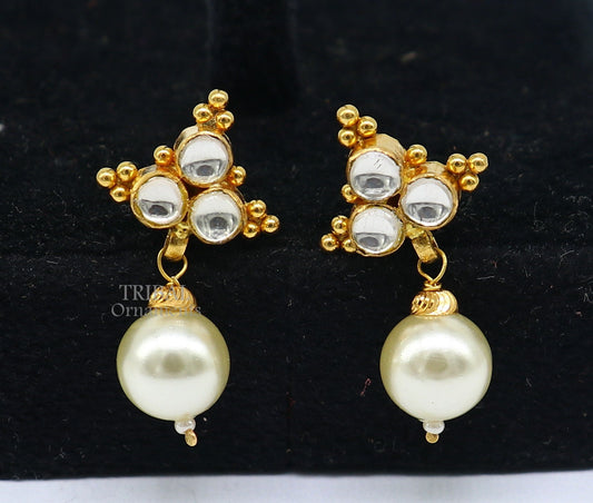 Indian traditional design handmade kundan work fabulous design 22 k 22 carat yellow gold stud earring with hanging pearl girls jewelry er168 - TRIBAL ORNAMENTS