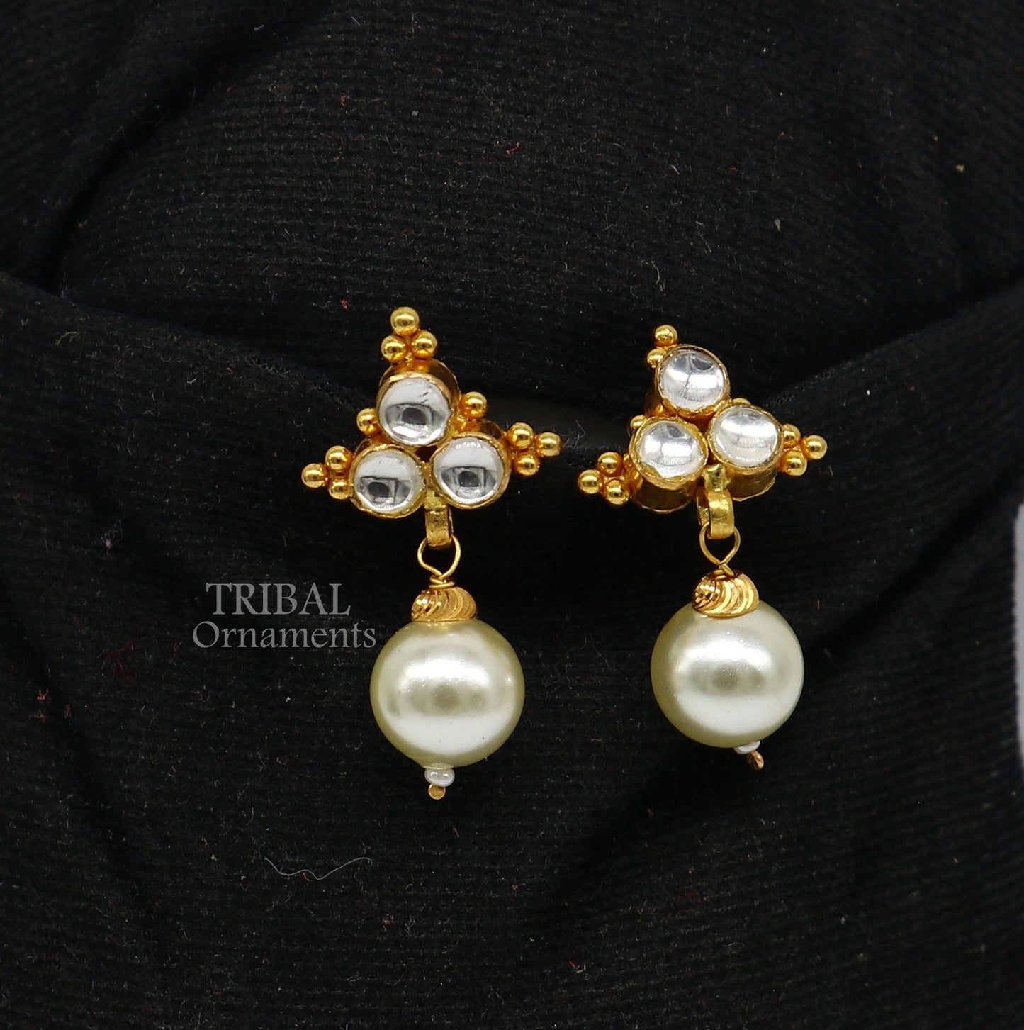 Indian traditional design handmade kundan work fabulous design 22 k 22 carat yellow gold stud earring with hanging pearl girls jewelry er168 - TRIBAL ORNAMENTS