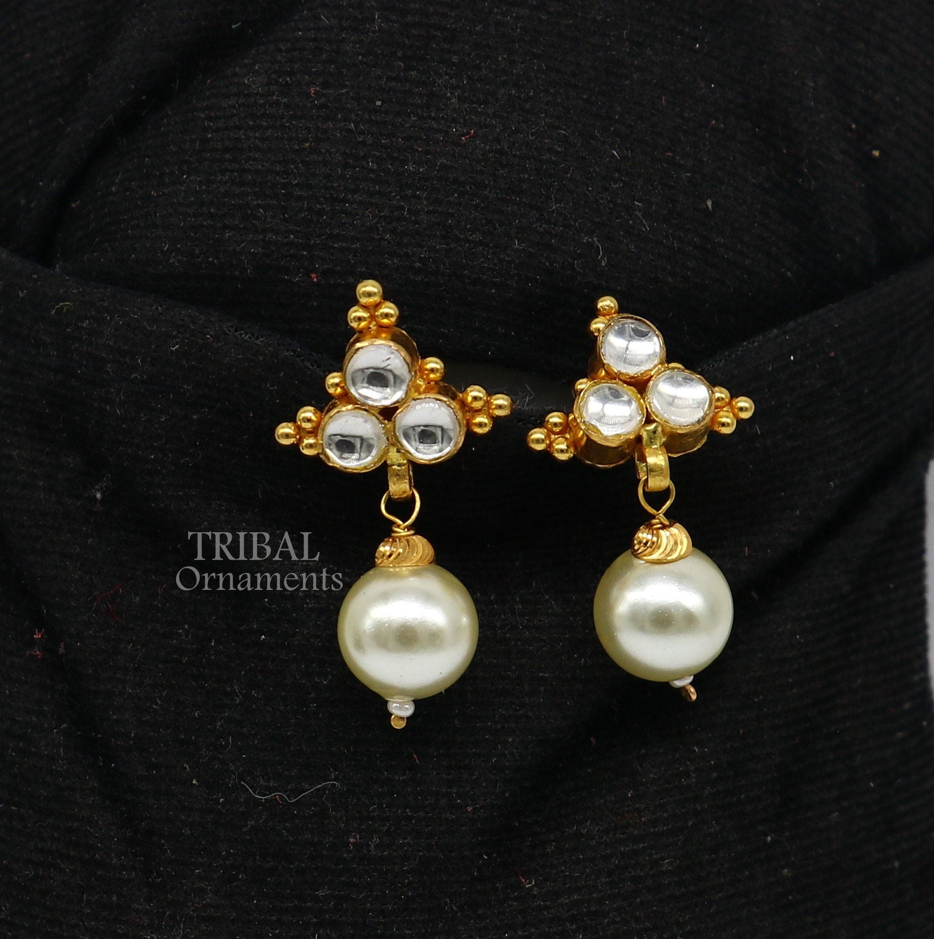 Indian traditional design handmade kundan work fabulous design 22 k 22 carat yellow gold stud earring with hanging pearl girls jewelry er168 - TRIBAL ORNAMENTS