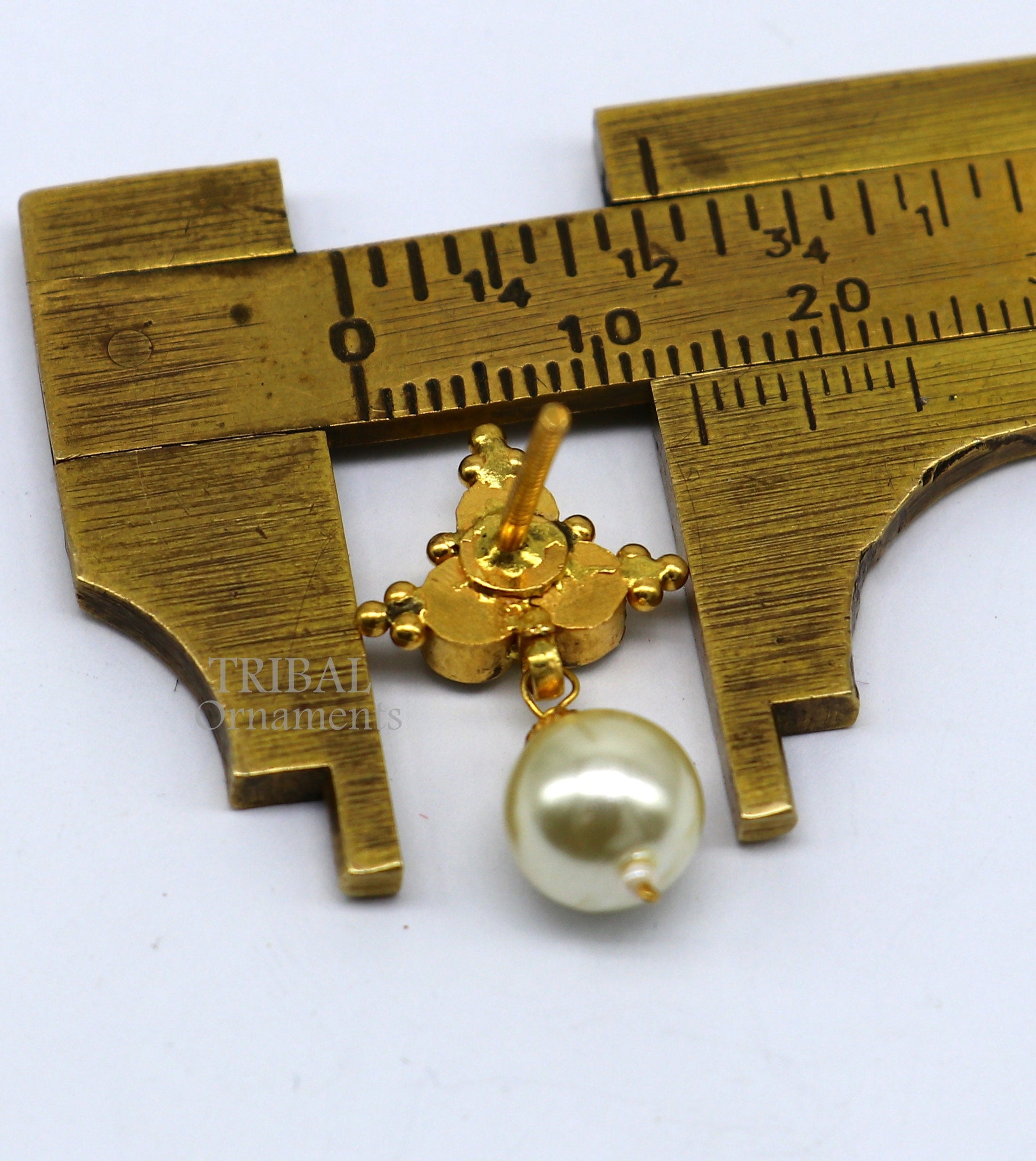 Indian traditional design handmade kundan work fabulous design 22 k 22 carat yellow gold stud earring with hanging pearl girls jewelry er168 - TRIBAL ORNAMENTS