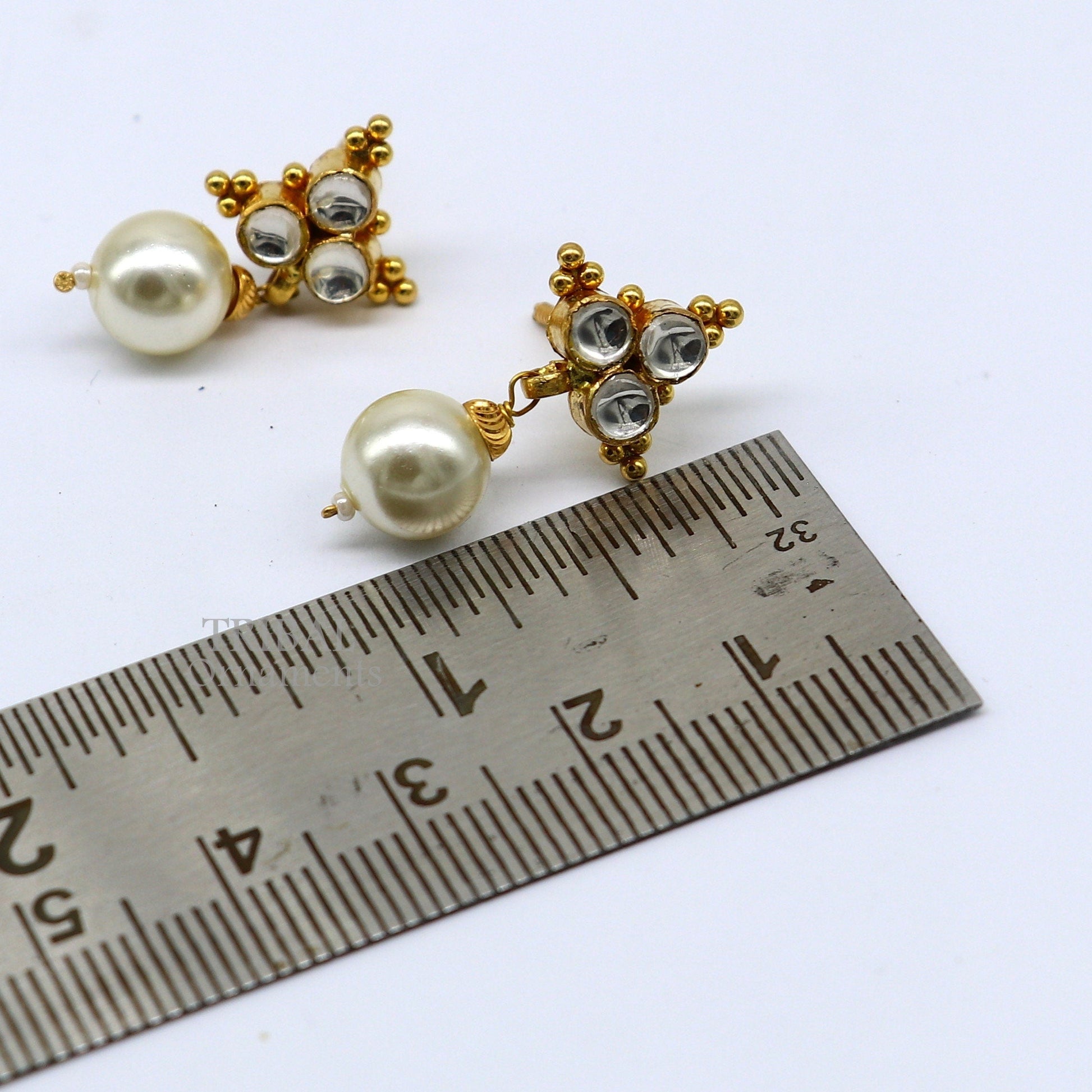 Indian traditional design handmade kundan work fabulous design 22 k 22 carat yellow gold stud earring with hanging pearl girls jewelry er168 - TRIBAL ORNAMENTS