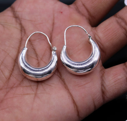 Indian traditional style 925 sterling pure silver handmade vintage style hoops earrings kundal, ethnic bali tribal jewelry from india s588 - TRIBAL ORNAMENTS
