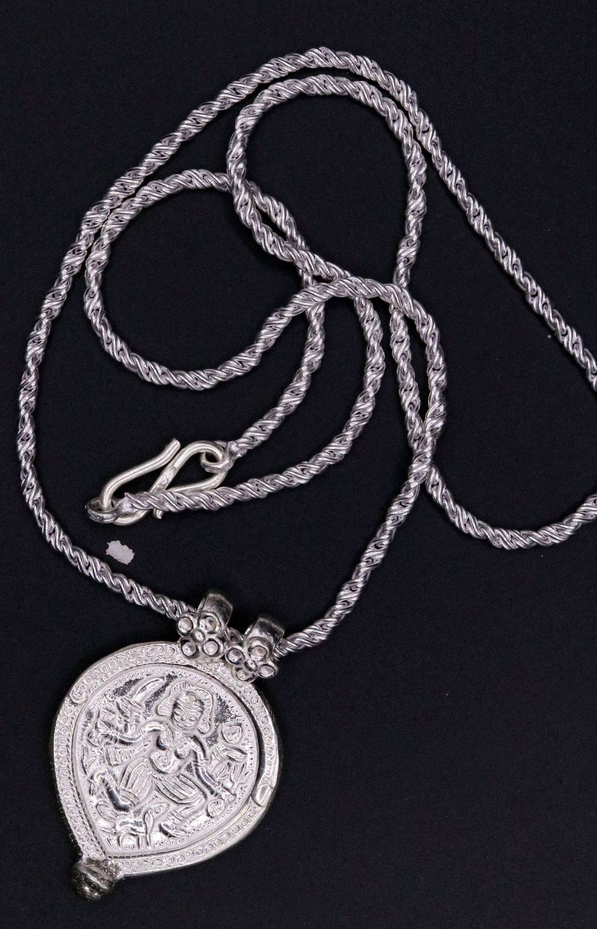 Indian tribal deity's bheru ji handmade solid silver pendant with necklace chain tribal jewelry for unisex nsp24 - TRIBAL ORNAMENTS