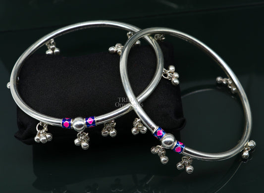 Indian tribal ethnic sterling silver ankle jewelry, best ankle  bangle bracelet, ankle kada with bells, amazing belly dance jewelry nsfk54 - TRIBAL ORNAMENTS