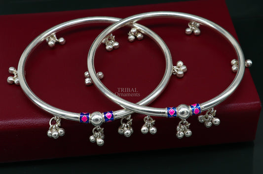 Indian tribal ethnic sterling silver ankle jewelry, best ankle  bangle bracelet, ankle kada with bells, amazing belly dance jewelry nsfk54 - TRIBAL ORNAMENTS