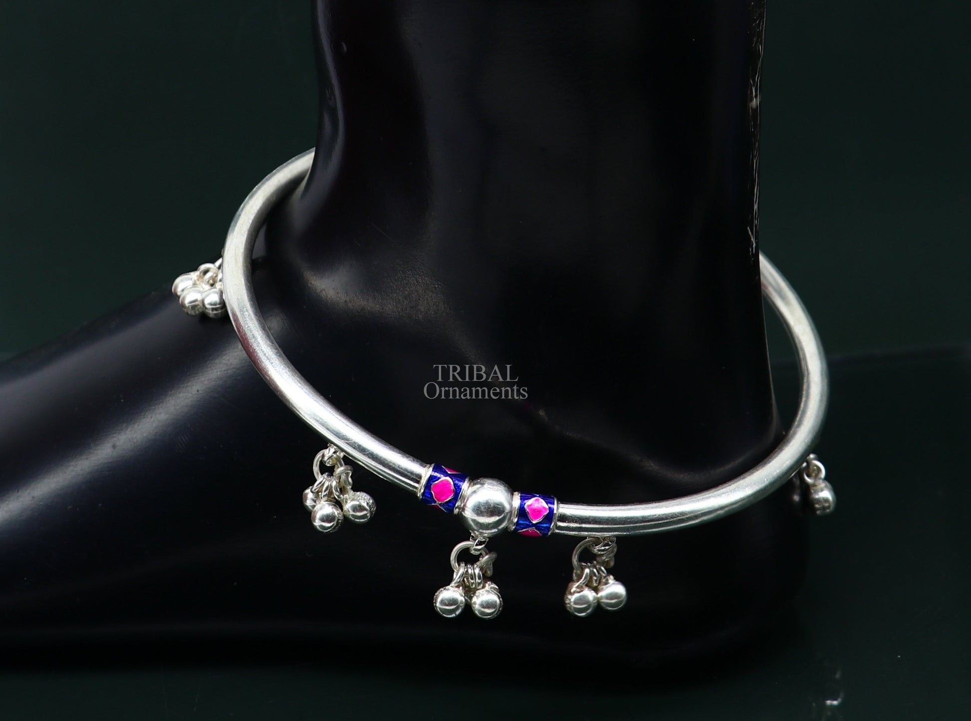 Indian tribal ethnic sterling silver ankle jewelry, best ankle  bangle bracelet, ankle kada with bells, amazing belly dance jewelry nsfk54 - TRIBAL ORNAMENTS