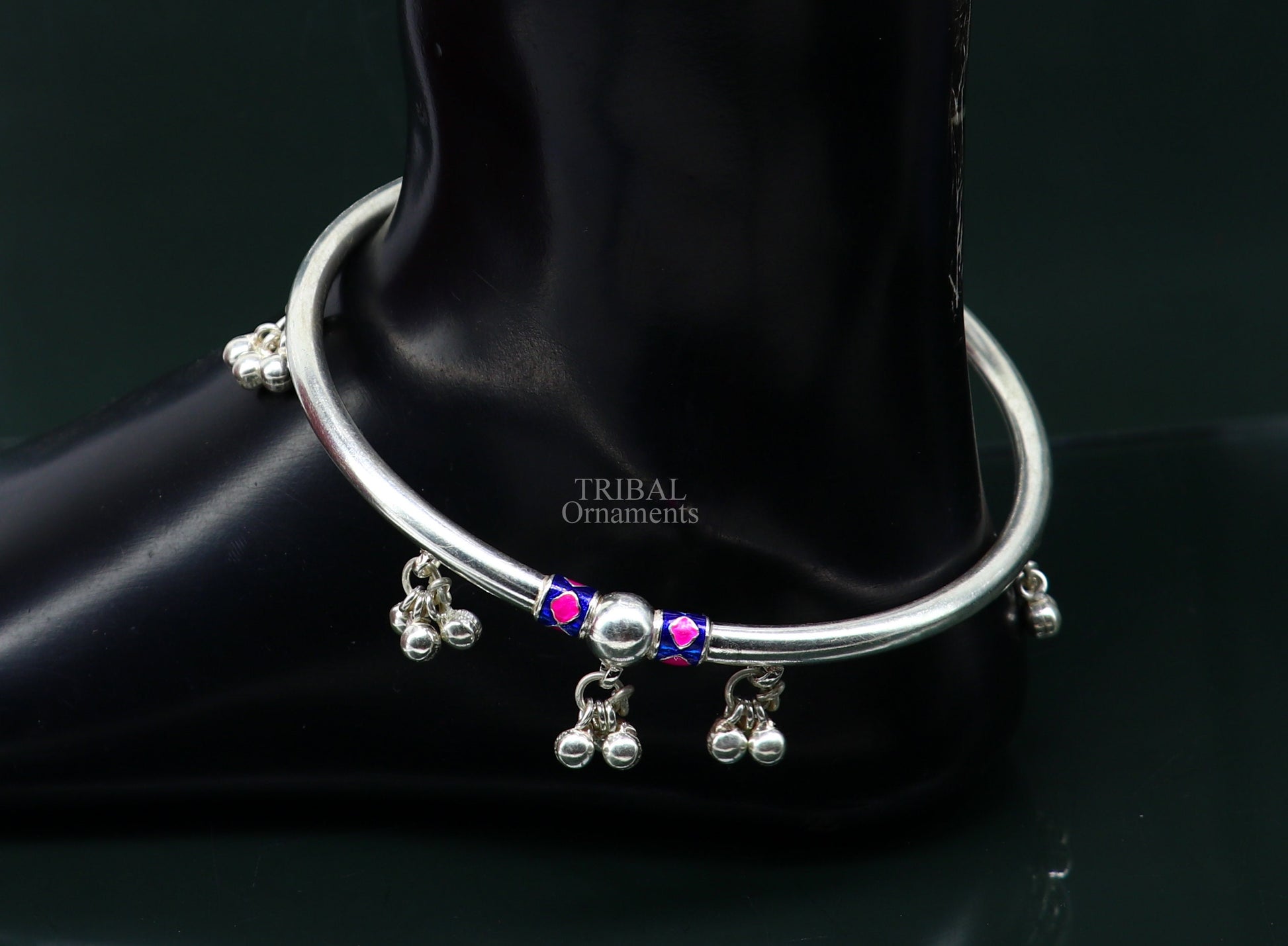 Indian tribal ethnic sterling silver ankle jewelry, best ankle  bangle bracelet, ankle kada with bells, amazing belly dance jewelry nsfk54 - TRIBAL ORNAMENTS