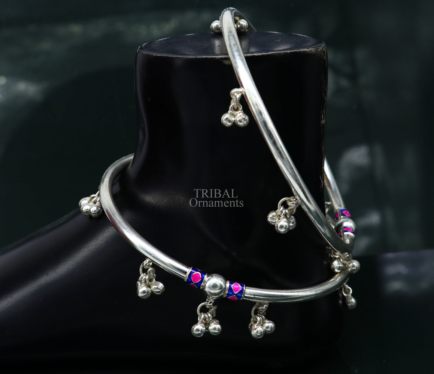 Indian tribal ethnic sterling silver ankle jewelry, best ankle  bangle bracelet, ankle kada with bells, amazing belly dance jewelry nsfk54 - TRIBAL ORNAMENTS