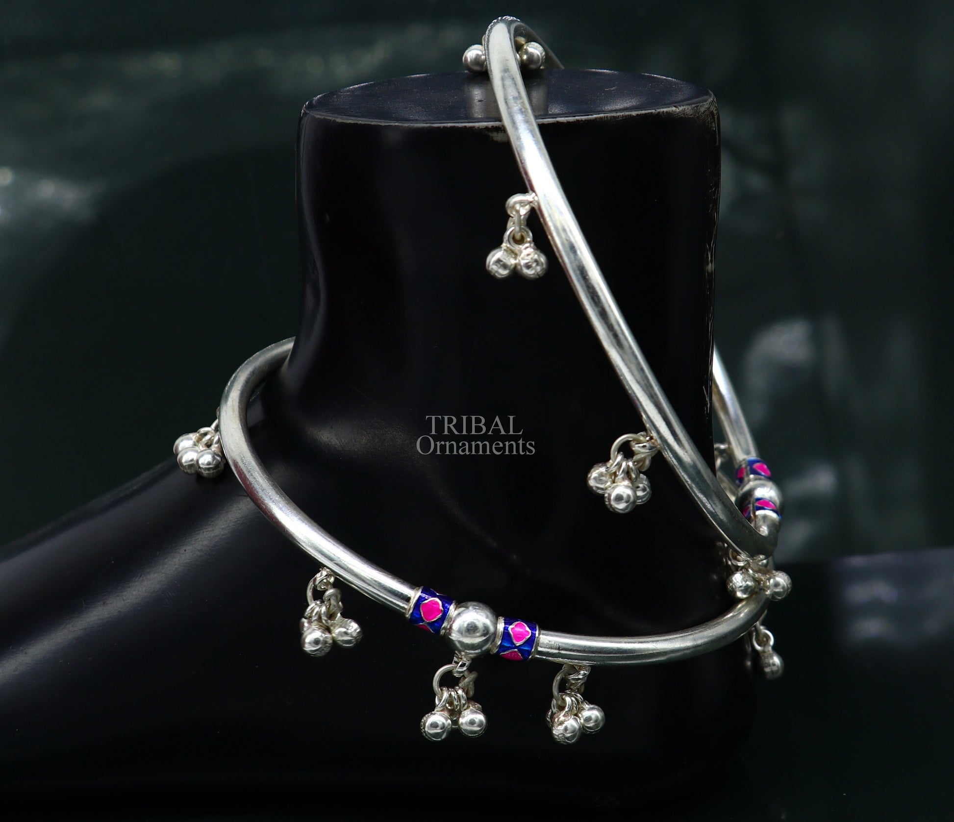 Indian tribal ethnic sterling silver ankle jewelry, best ankle  bangle bracelet, ankle kada with bells, amazing belly dance jewelry nsfk54 - TRIBAL ORNAMENTS