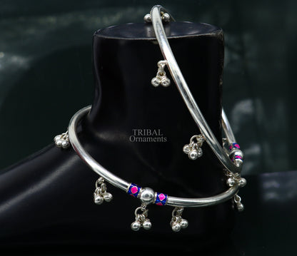 Indian tribal ethnic sterling silver ankle jewelry, best ankle  bangle bracelet, ankle kada with bells, amazing belly dance jewelry nsfk54 - TRIBAL ORNAMENTS