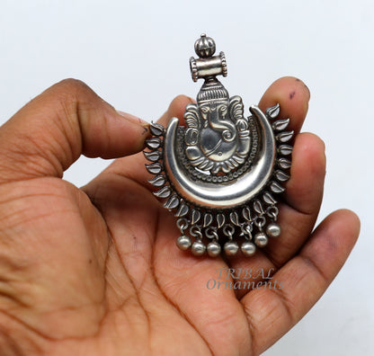 Lord Ganesha design 925 sterling silver pendant with hanging bells, tribal jewelry necklace featuring intricate tribal ornament details.