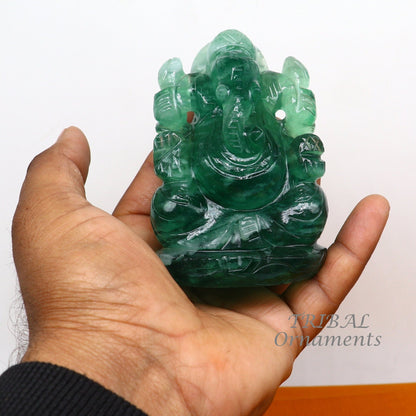 Lord Ganesha handcrafted Natural Fluorite stone statue, figurine, home temple God Ganesha stone sculpture for wealth and prosperity stna02 - TRIBAL ORNAMENTS