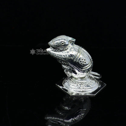 Small Lord Ganesha Vahan Mushak Maharaj statue in 925 sterling silver, handmade for puja, divine gift, detailed religious ornament
