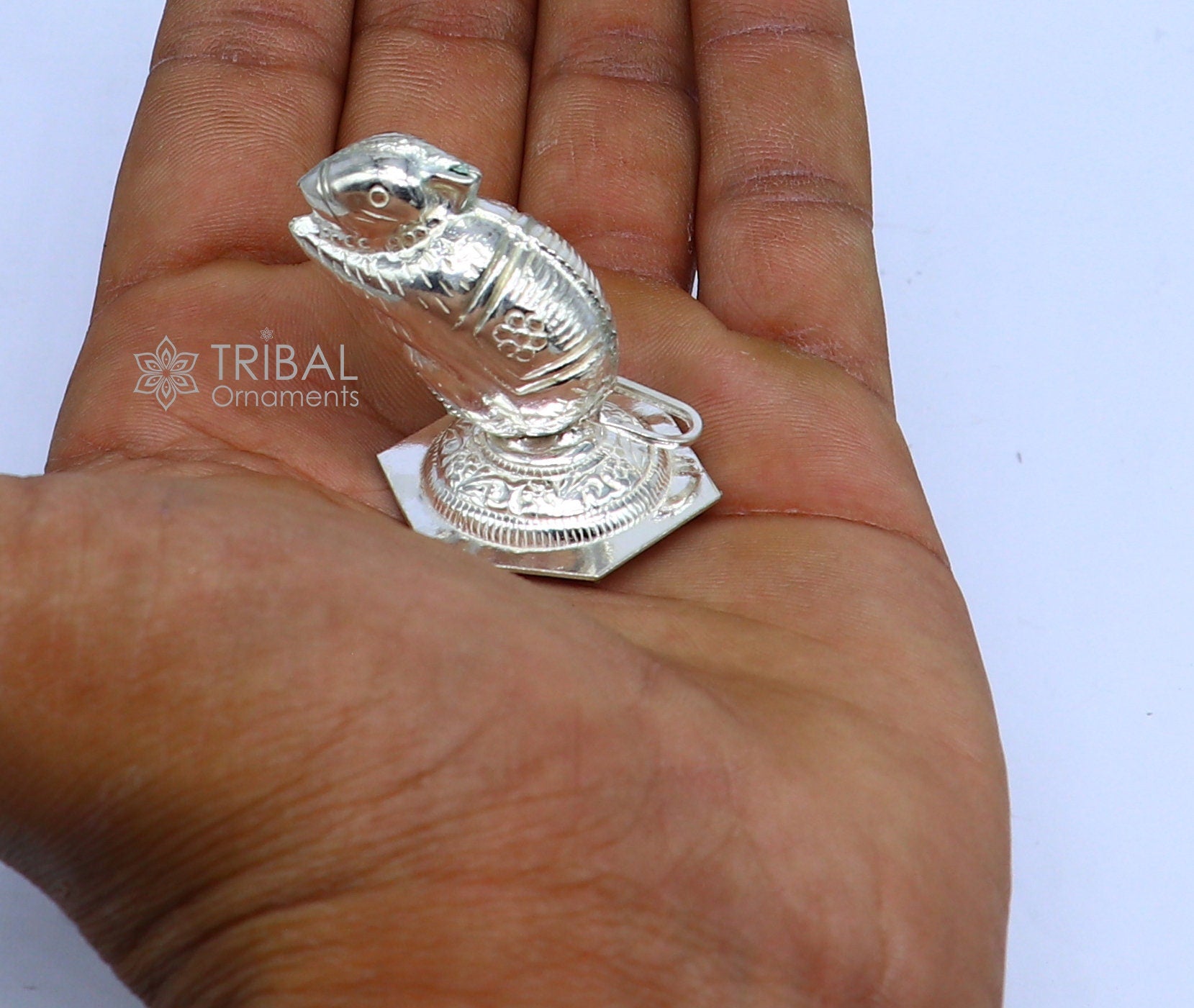 Small handmade 925 sterling silver Lord Ganesha Vahan Mushak statue for puja, detailed divine Ganesha figurine by Tribal Ornaments