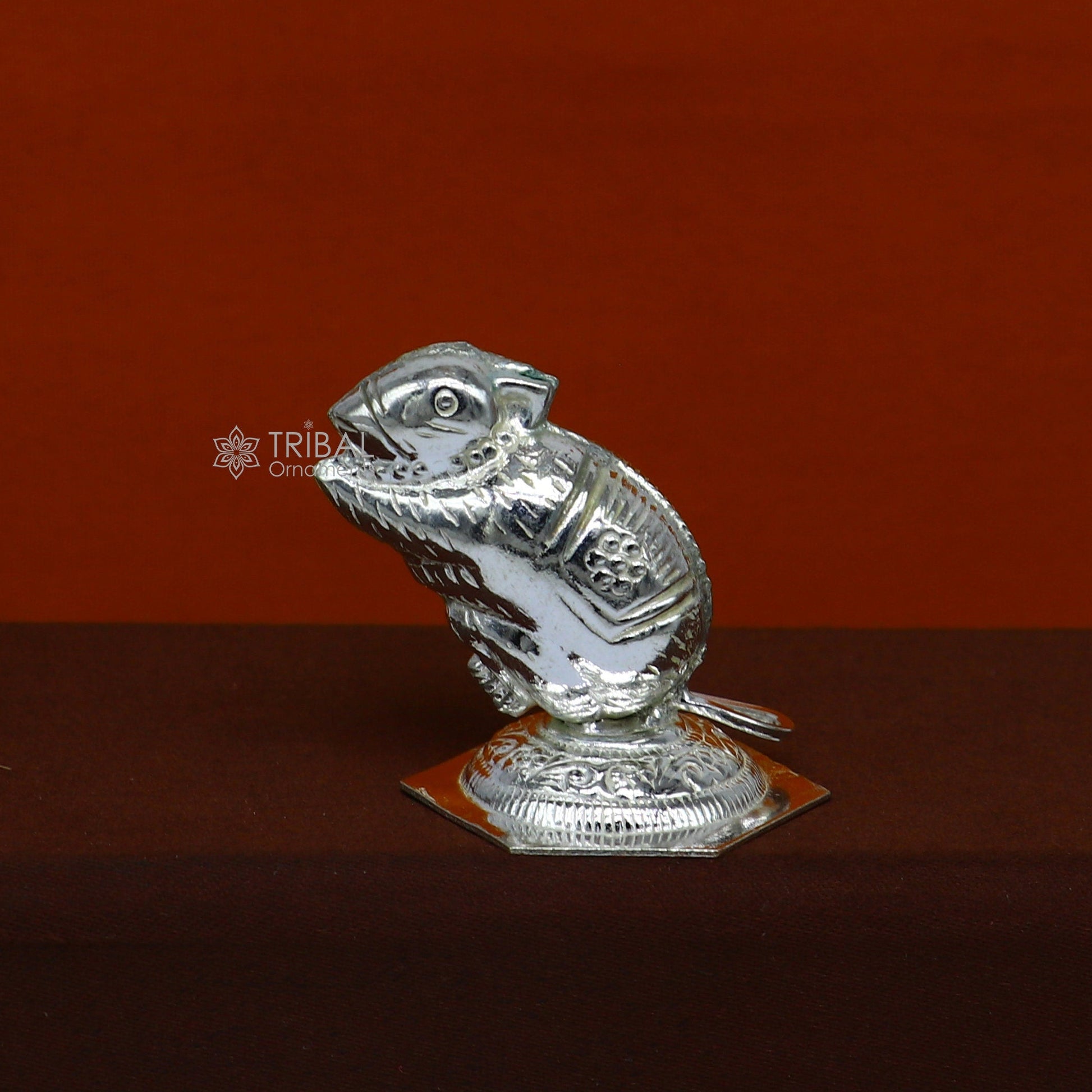 Small Lord Ganesha Vahan Mushak Maharaj statue made of 925 sterling silver, ideal for puja offerings and divine gifting.
