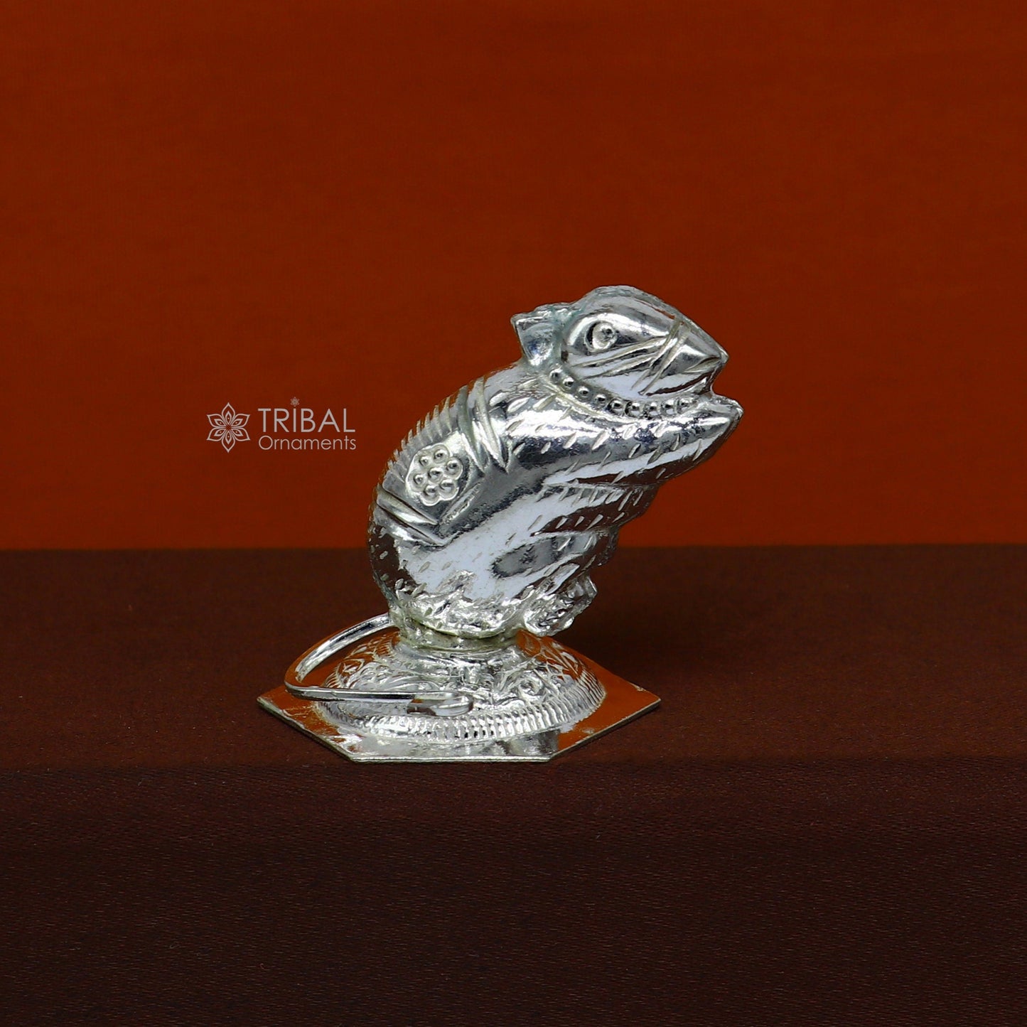 Handmade small Lord Ganesha Vahan Mushak statue in 925 sterling silver, ideal for puja offerings and divine gifting.