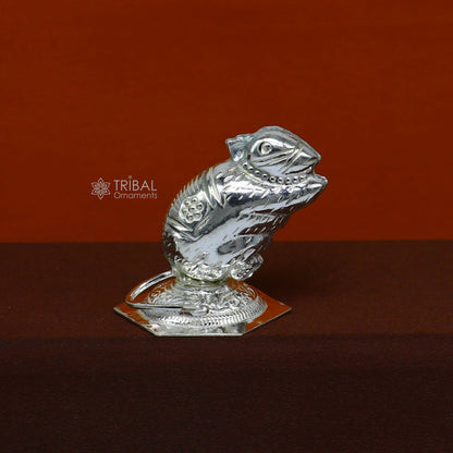 Handmade small Lord Ganesha Vahan Mushak statue in 925 sterling silver, ideal for puja offerings and divine gifting.