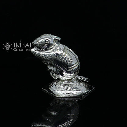 Small Lord Ganesha Vahan Mushak Maharaj statue in 925 sterling silver, handcrafted for puja and divine gifting.