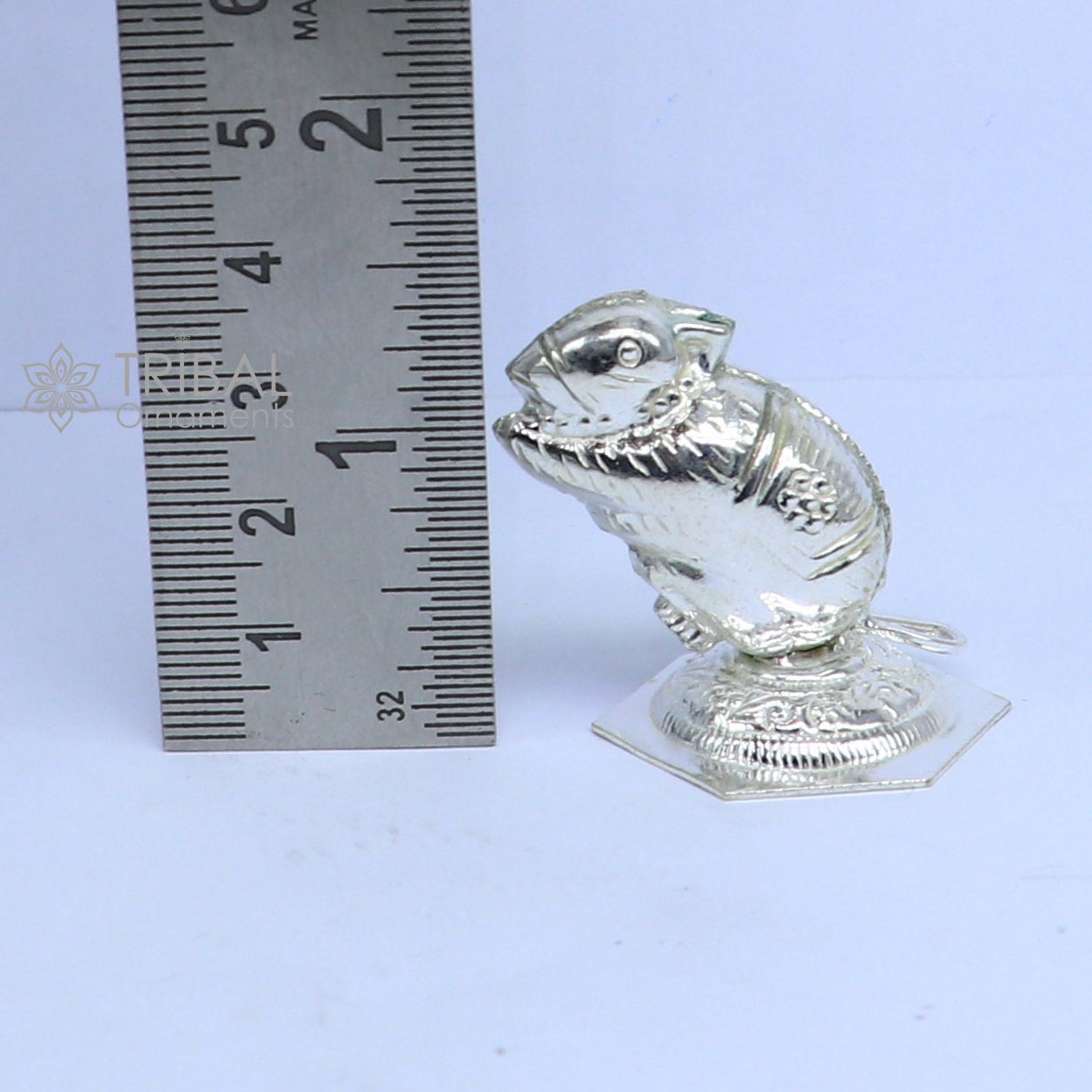 Small Lord Ganesha Vahan Mushak statue in 925 sterling silver, handmade for puja, divine gift, detailed Lord Ganesha figure.