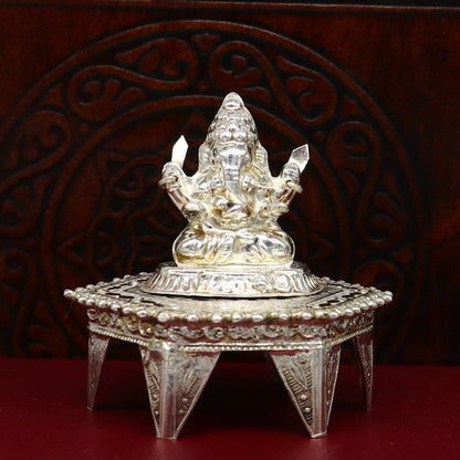 Lord Ganesha With Stand or Bazot, fabulous Sterling silver ganesha statue figurine for home temple diwali puja article utensils su375 - TRIBAL ORNAMENTS