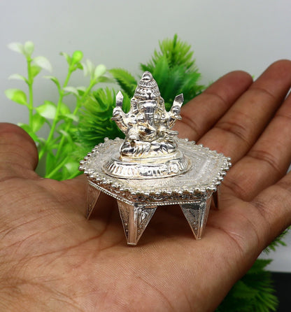 Lord Ganesha With Stand or Bazot, fabulous Sterling silver ganesha statue figurine for home temple diwali puja article utensils su375 - TRIBAL ORNAMENTS