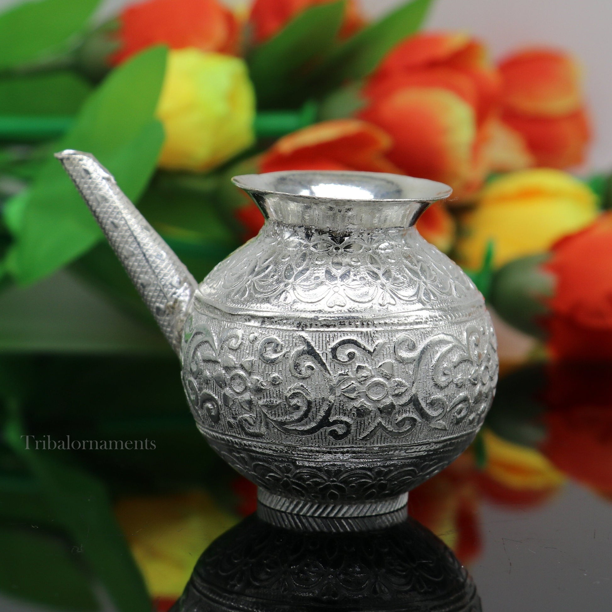 Lord Shiva Abhishek pot, best designer nozzle sold silver kalash puja utensils article from, best diwali puja article for home temple su537 - TRIBAL ORNAMENTS