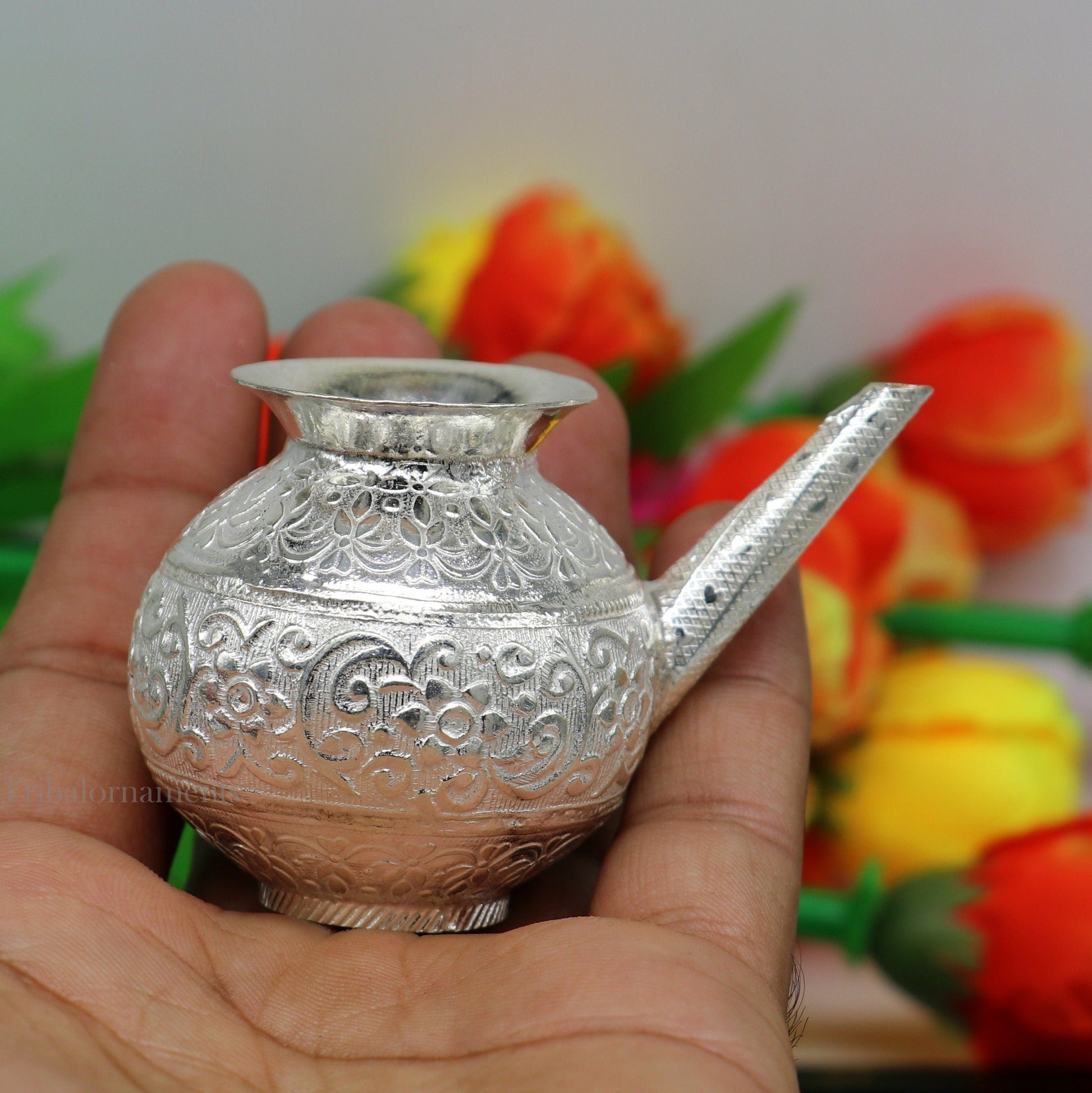 Lord Shiva Abhishek pot, best designer nozzle sold silver kalash puja utensils article from, best diwali puja article for home temple su537 - TRIBAL ORNAMENTS