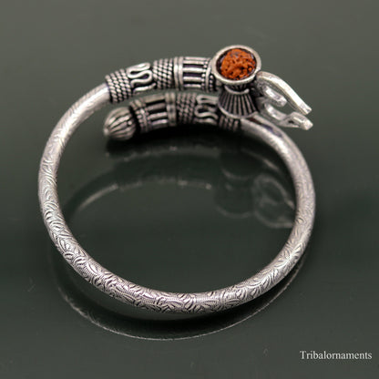 Sterling silver Lord Shiva trident design bangle cuff bracelet with oxidized finish, unisex handmade jewelry by TRIBAL ORNAMENTS.