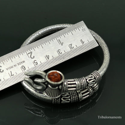 Sterling silver Lord Shiva trident design bangle cuff bracelet, unisex oxidized jewelry with vintage tribal style.