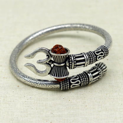 Sterling silver Lord Shiva trident design bangle cuff bracelet with oxidized finish, unisex handmade jewelry by Tribal Ornaments.
