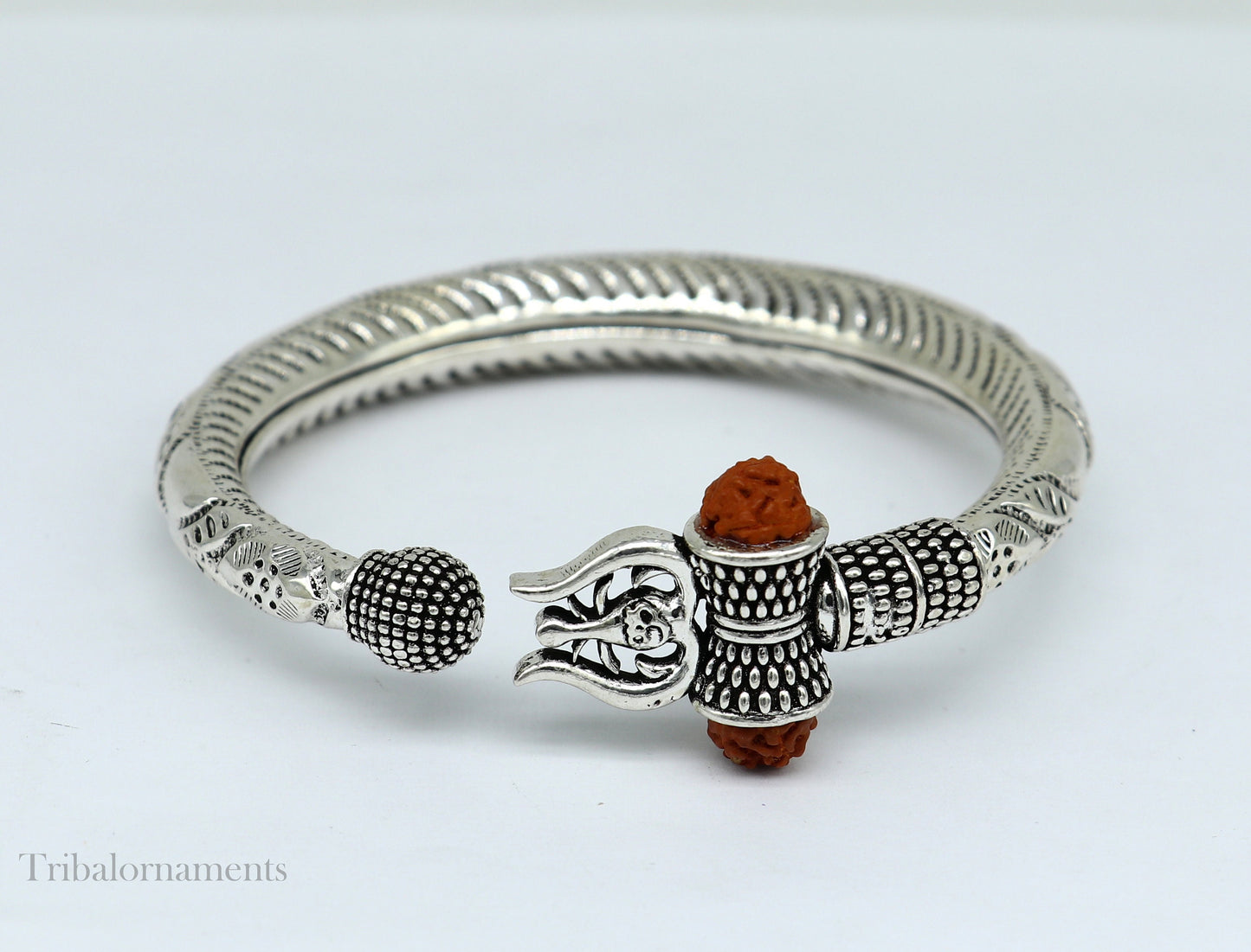 Lord Shiva trident trishul trishool kada 925 Sterling silver handmade bangle bracelet with natural Rudraksha magical Bahubali kada nsk384 - TRIBAL ORNAMENTS