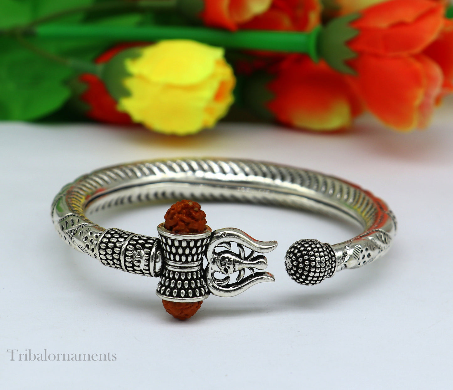 Lord Shiva trident trishul trishool kada 925 Sterling silver handmade bangle bracelet with natural Rudraksha magical Bahubali kada nsk384 - TRIBAL ORNAMENTS