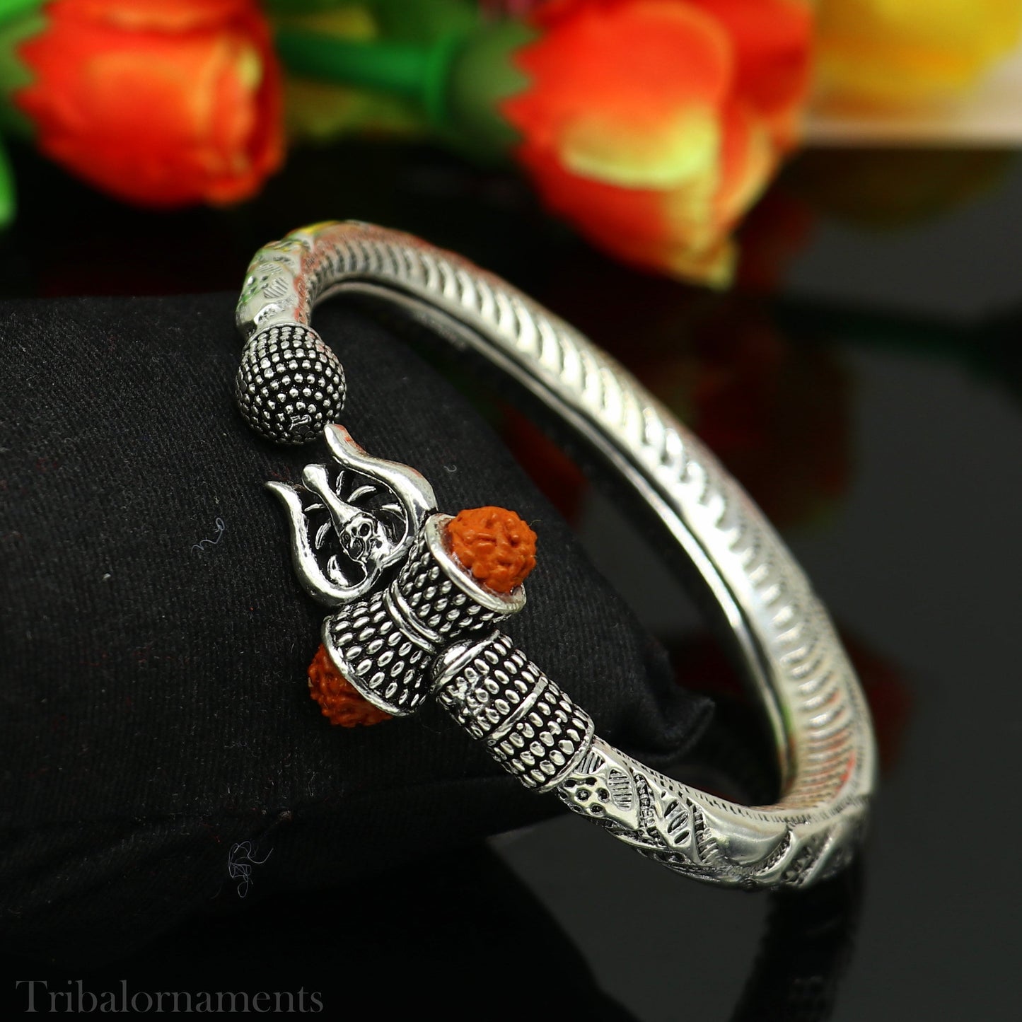 Lord Shiva trident trishul trishool kada 925 Sterling silver handmade bangle bracelet with natural Rudraksha magical Bahubali kada nsk384 - TRIBAL ORNAMENTS