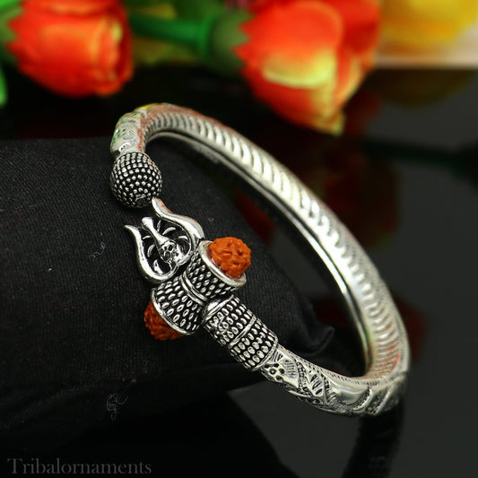 Lord Shiva trident trishul trishool kada 925 Sterling silver handmade bangle bracelet with natural Rudraksha magical Bahubali kada nsk384 - TRIBAL ORNAMENTS
