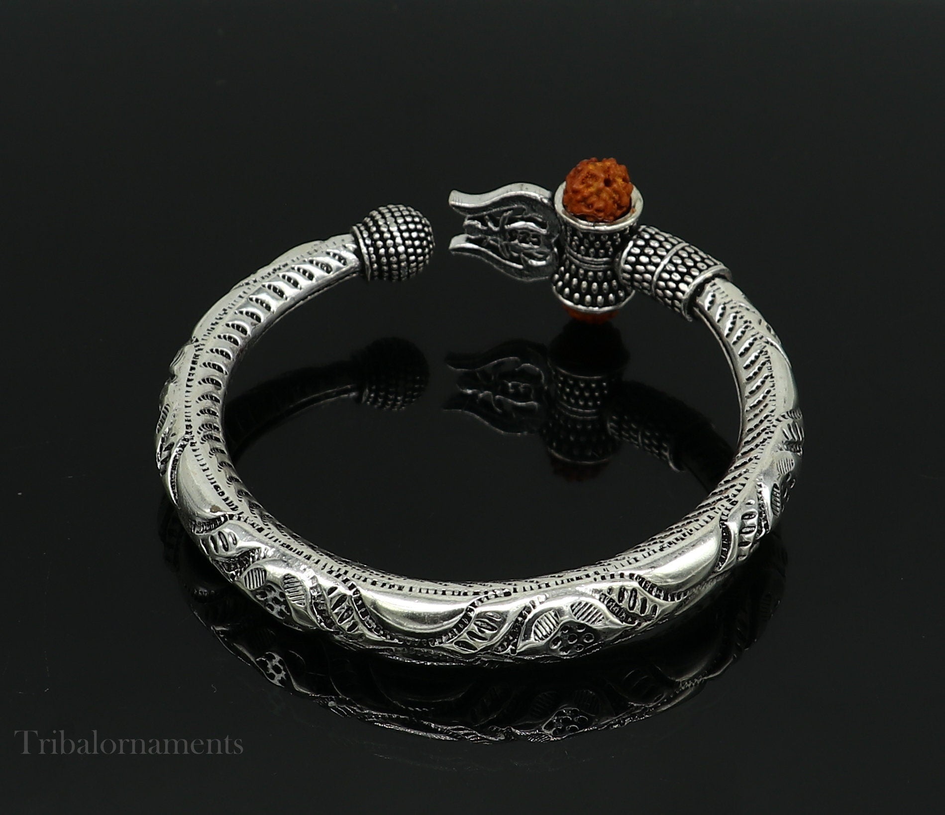 Lord Shiva trident trishul trishool kada 925 Sterling silver handmade bangle bracelet with natural Rudraksha magical Bahubali kada nsk384 - TRIBAL ORNAMENTS
