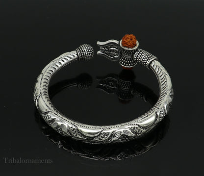Lord Shiva trident trishul trishool kada 925 Sterling silver handmade bangle bracelet with natural Rudraksha magical Bahubali kada nsk384 - TRIBAL ORNAMENTS