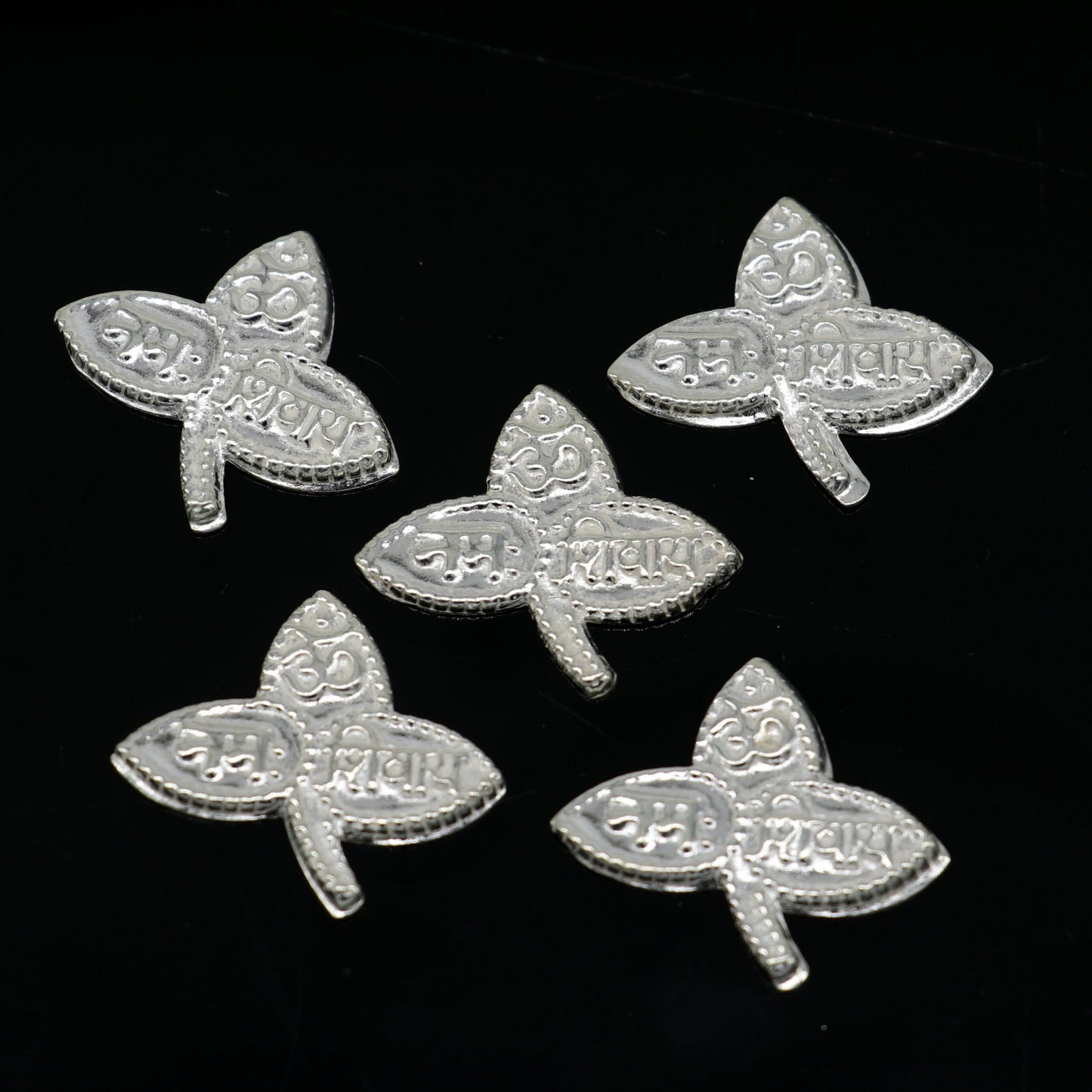 Lot 5 pieces Solid real silver handmade solid belva patra, shiva worshipping/ puja article, belpatra or belva tree leaves from india su355 - TRIBAL ORNAMENTS