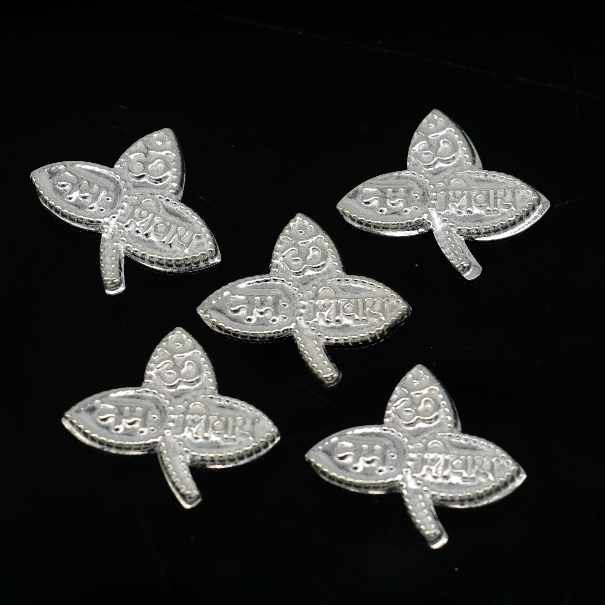 Lot 5 pieces Solid real silver handmade solid belva patra, shiva worshipping/ puja article, belpatra or belva tree leaves from india su355 - TRIBAL ORNAMENTS