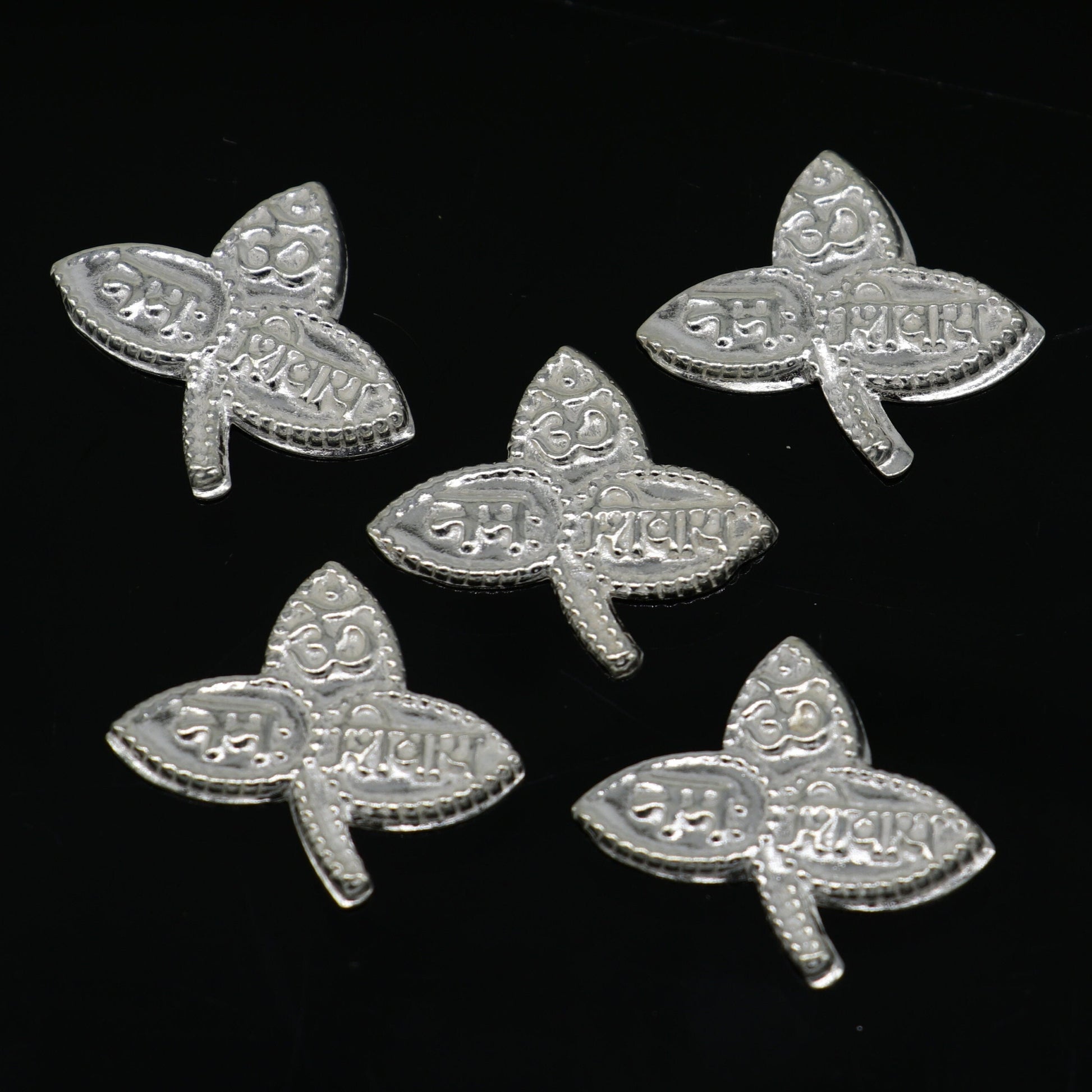 Lot 5 pieces Solid real silver handmade solid belva patra, shiva worshipping/ puja article, belpatra or belva tree leaves from india su355 - TRIBAL ORNAMENTS