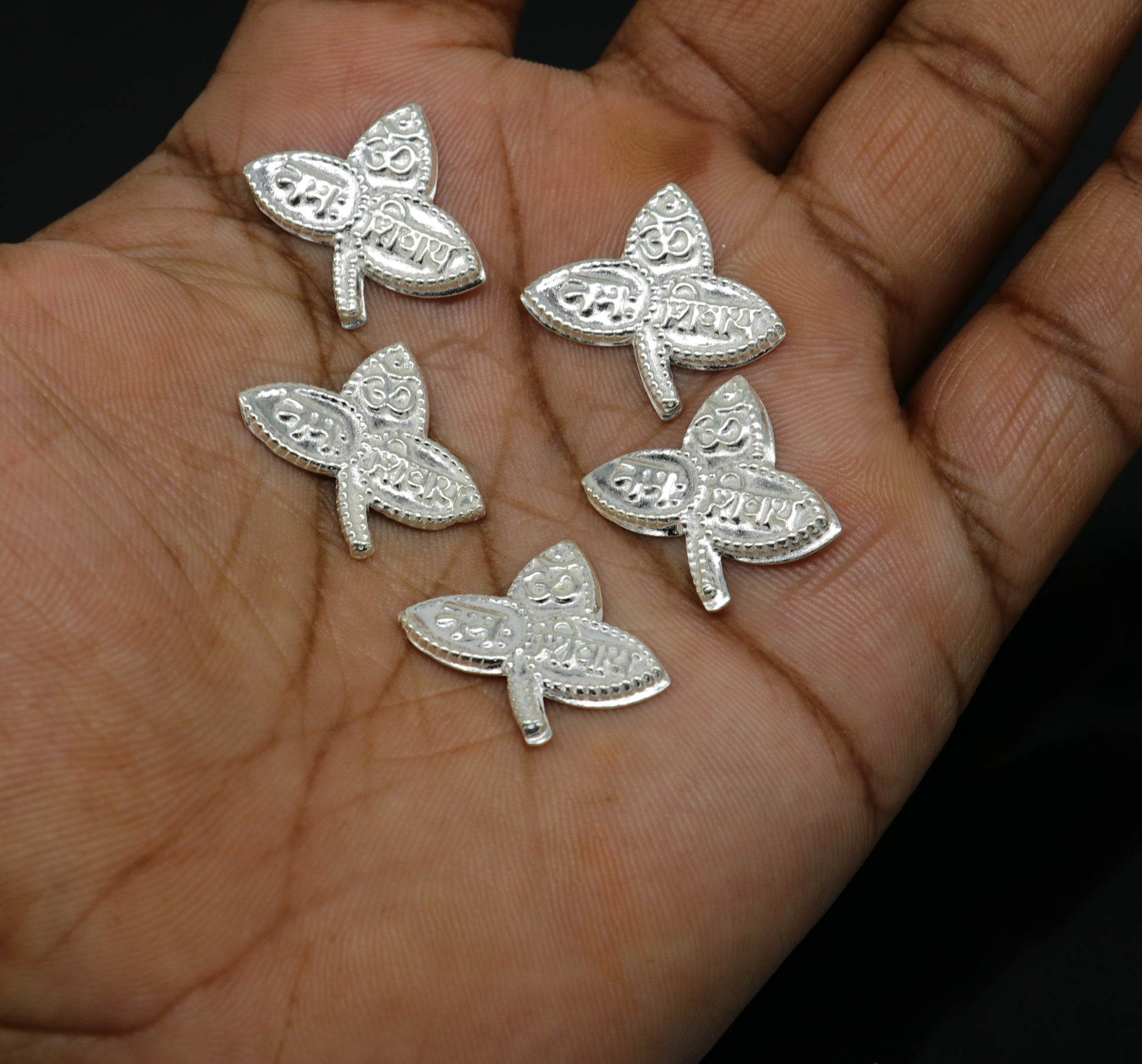 Lot 5 pieces Solid real silver handmade solid belva patra, shiva worshipping/ puja article, belpatra or belva tree leaves from india su355 - TRIBAL ORNAMENTS