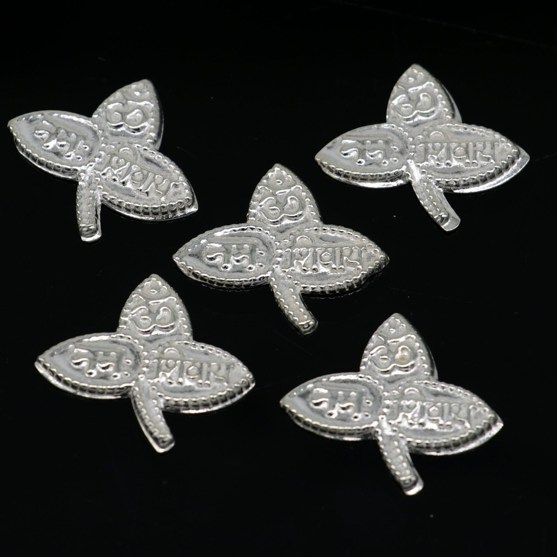 Lot 5 pieces Solid real silver handmade solid belva patra, shiva worshipping/ puja article, belpatra or belva tree leaves from india su355 - TRIBAL ORNAMENTS
