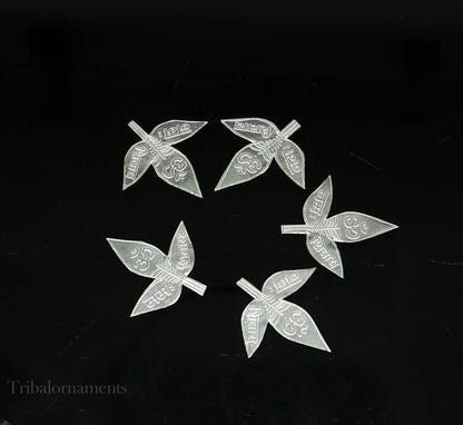 Set of 5 handmade solid silver Belva leaves for Shiva puja, featuring Shiva mantras, crafted by Tribal Ornaments.