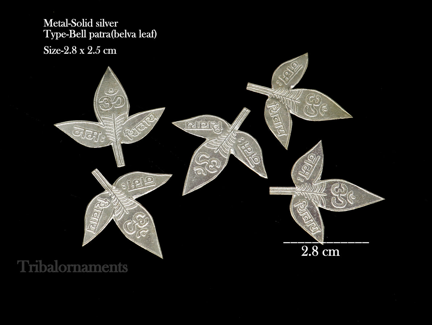 Lot of 5 solid silver handmade Belva Patra leaves for Shiva worship, featuring Shiva mantras, from Tribal Ornaments.